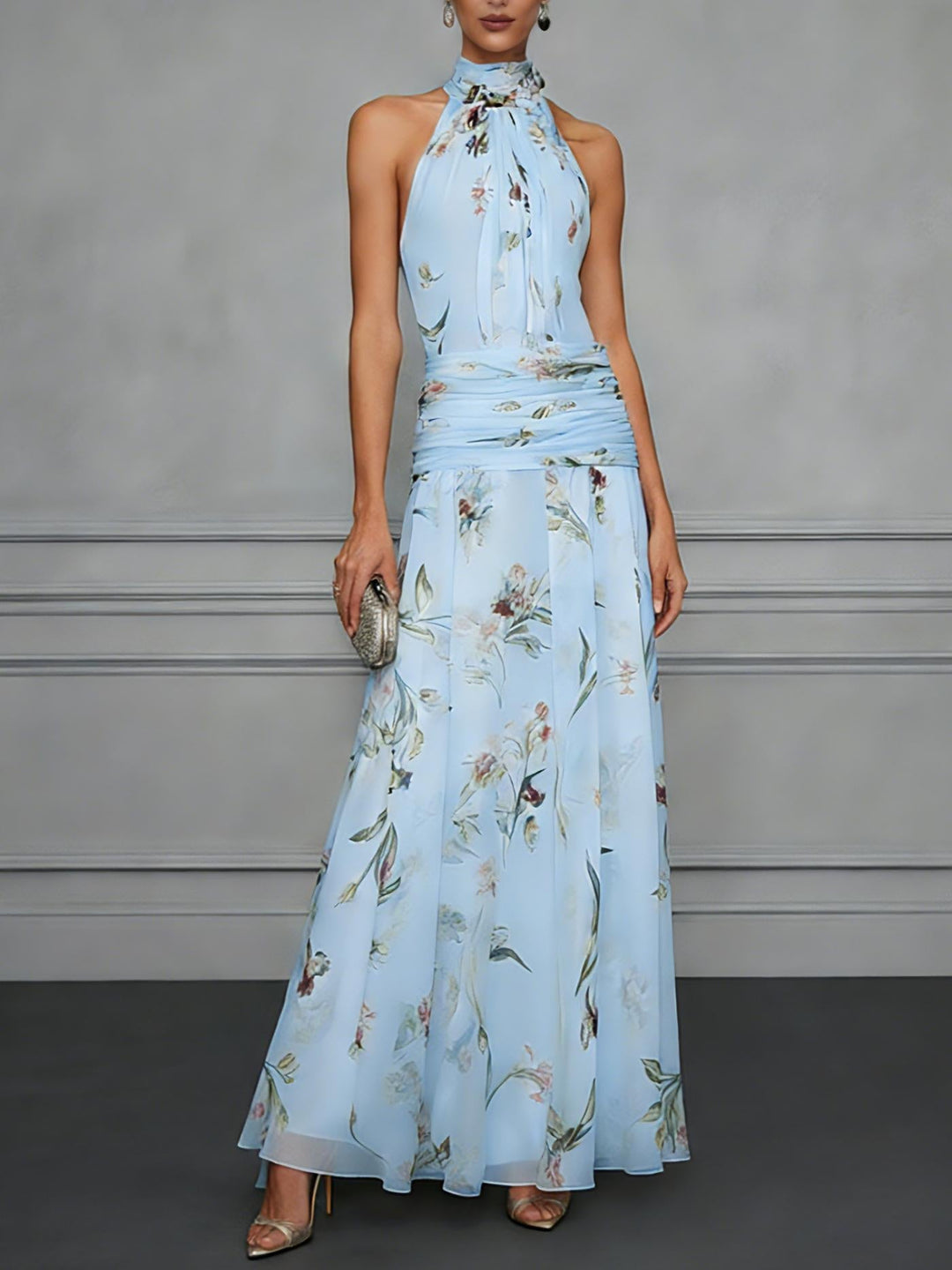 Robe Longue Fleurie Taille Froncée