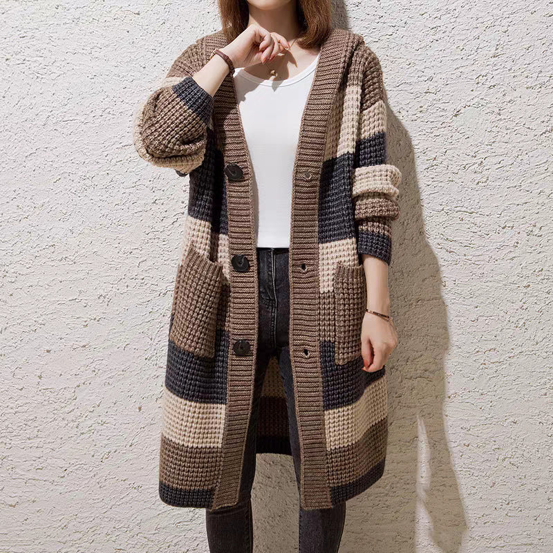 Cardigan mi-long à capuche en grosse maille