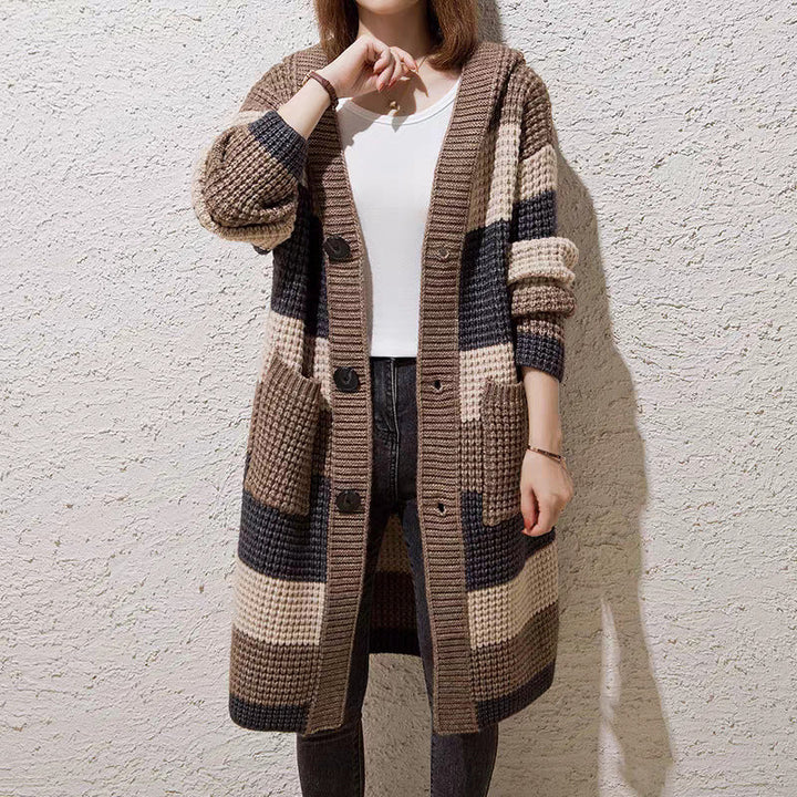 Cardigan mi-long à capuche en grosse maille
