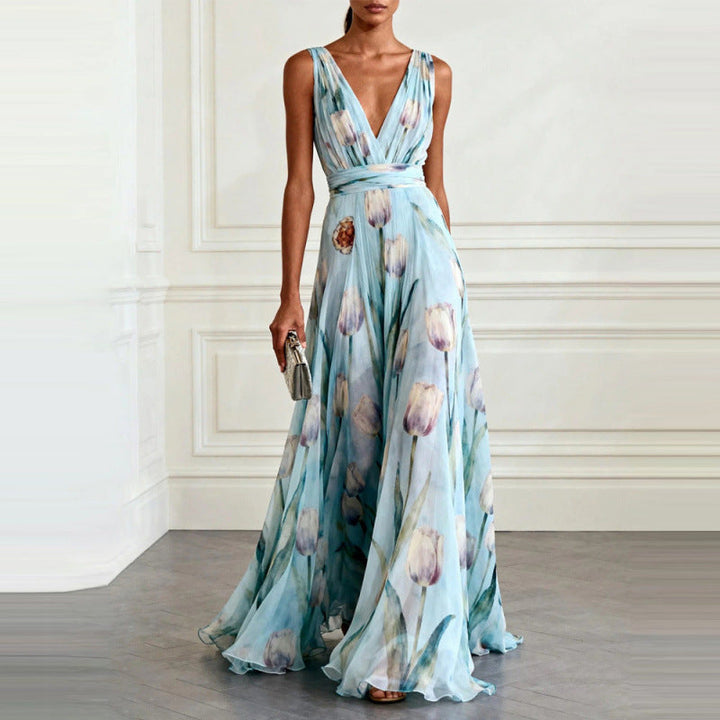 Robe Longue Fleurie Col en V