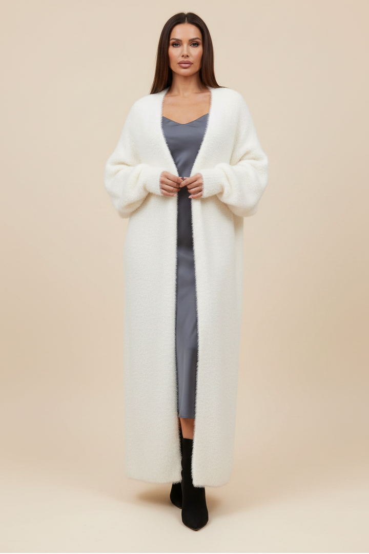 Cardigan long ouvert en maille peluche cocooning