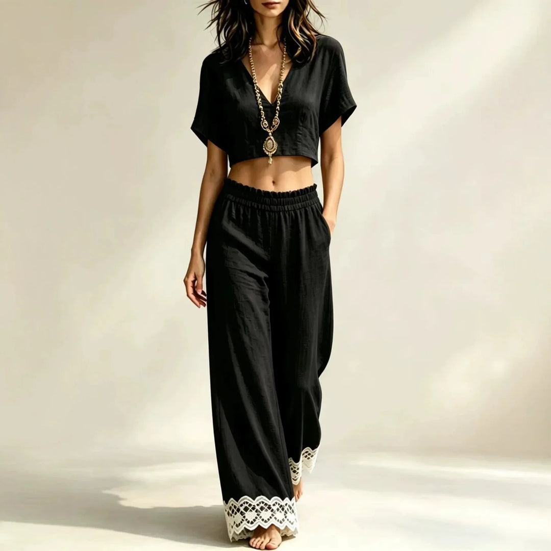 Ensemble Haut Court et Pantalon en Dentelle