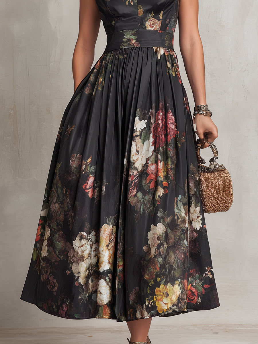 Robe midi fleurie noire à découpe cœur