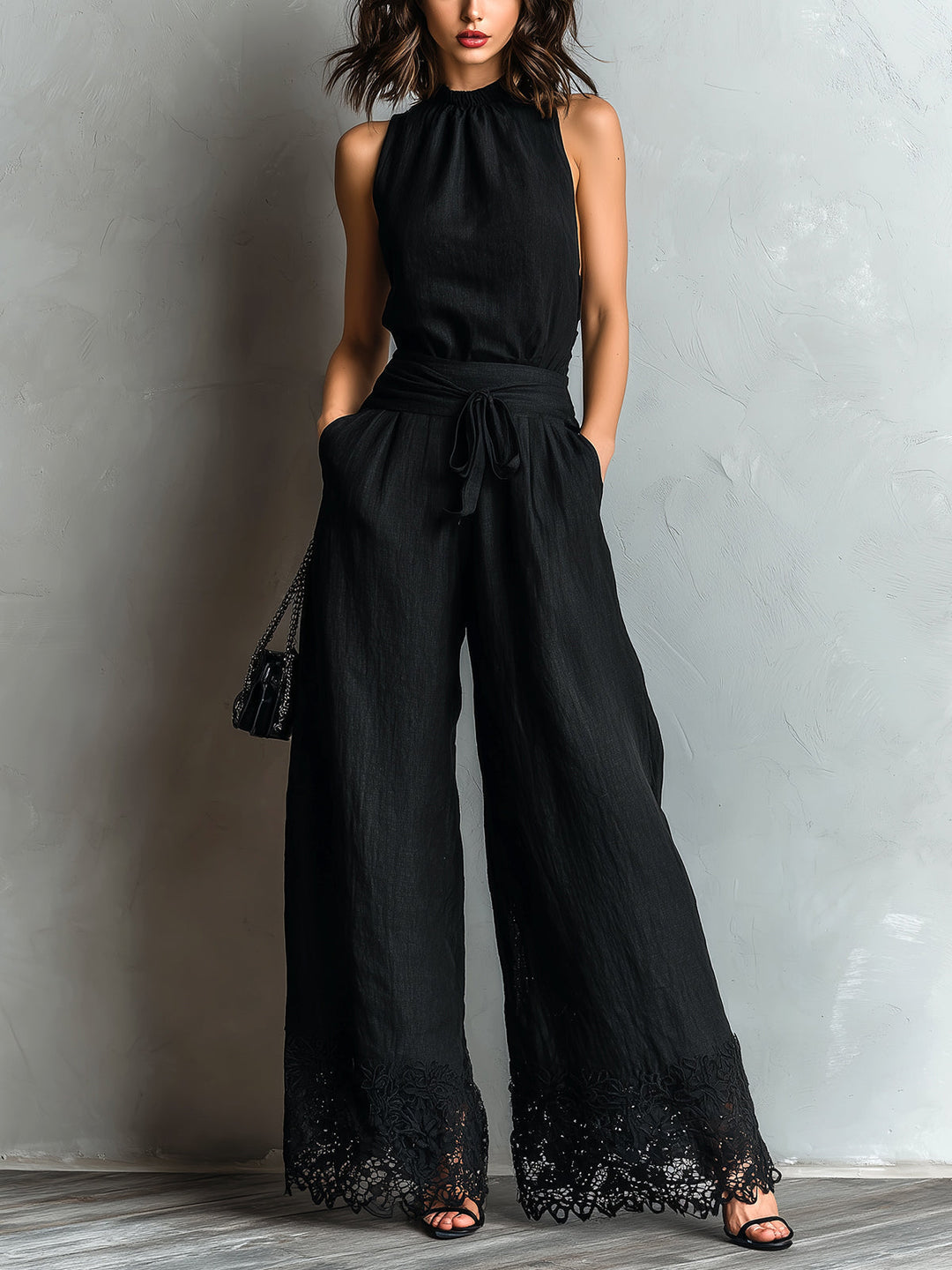 Ensemble Pantalon Noir Bordé de Dentelle