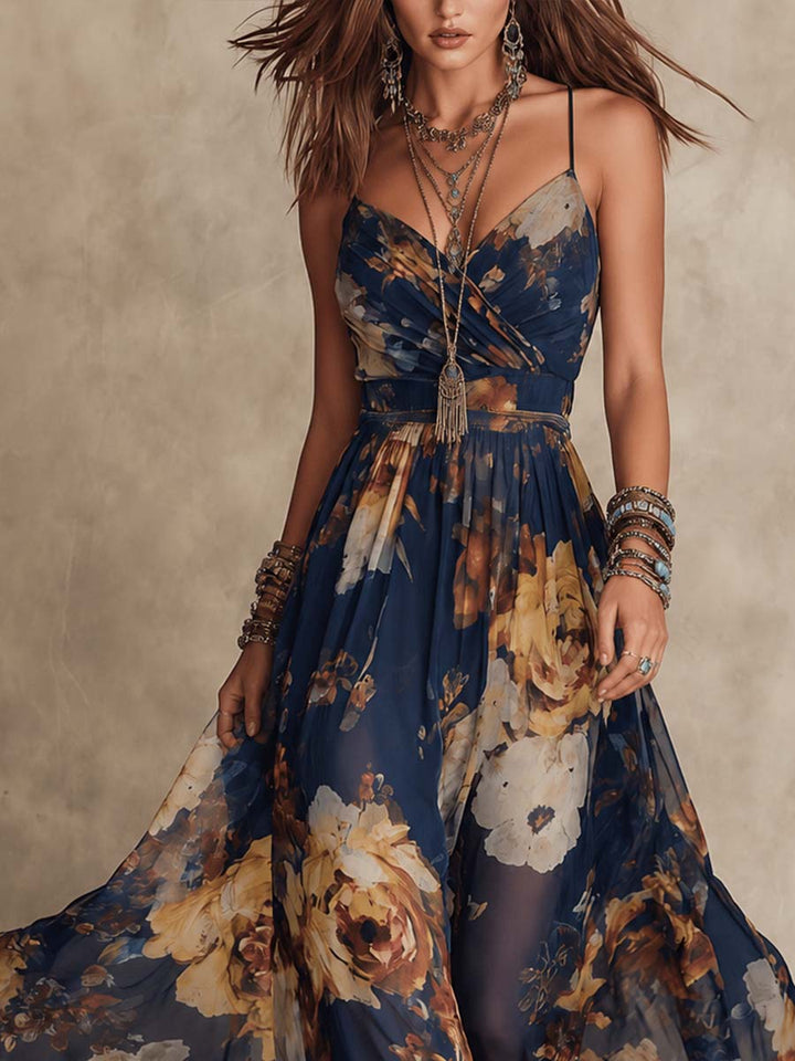Robe Longue Fleurie Bleu Marine à Fines Bretelles