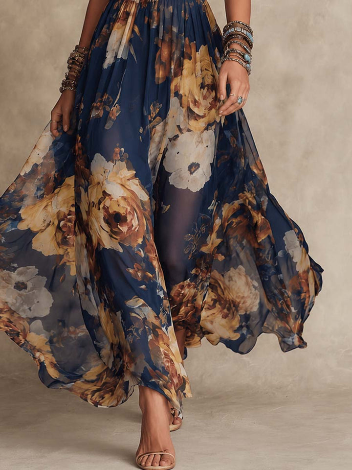 Robe Longue Fleurie Bleu Marine à Fines Bretelles