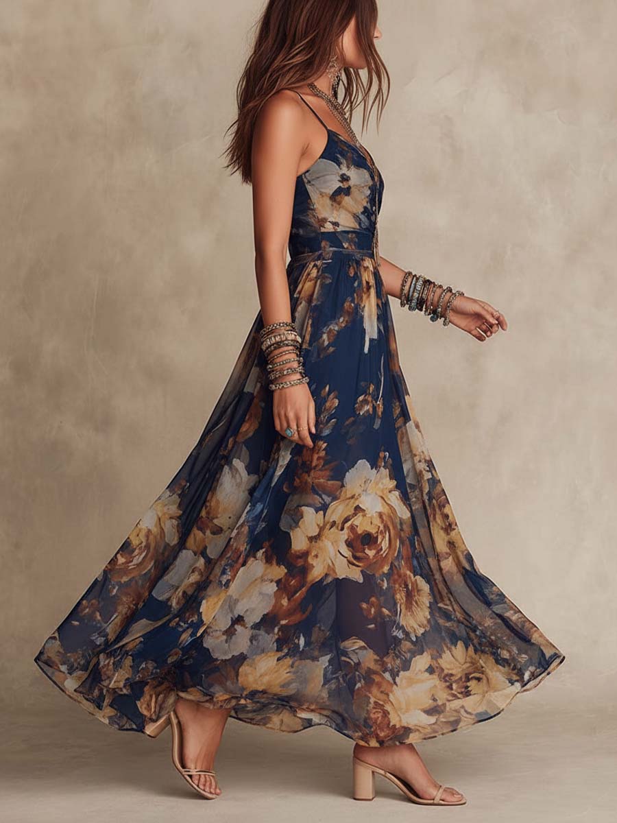 Robe Longue Fleurie Bleu Marine à Fines Bretelles