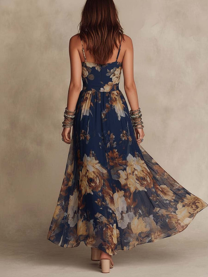 Robe Longue Fleurie Bleu Marine à Fines Bretelles