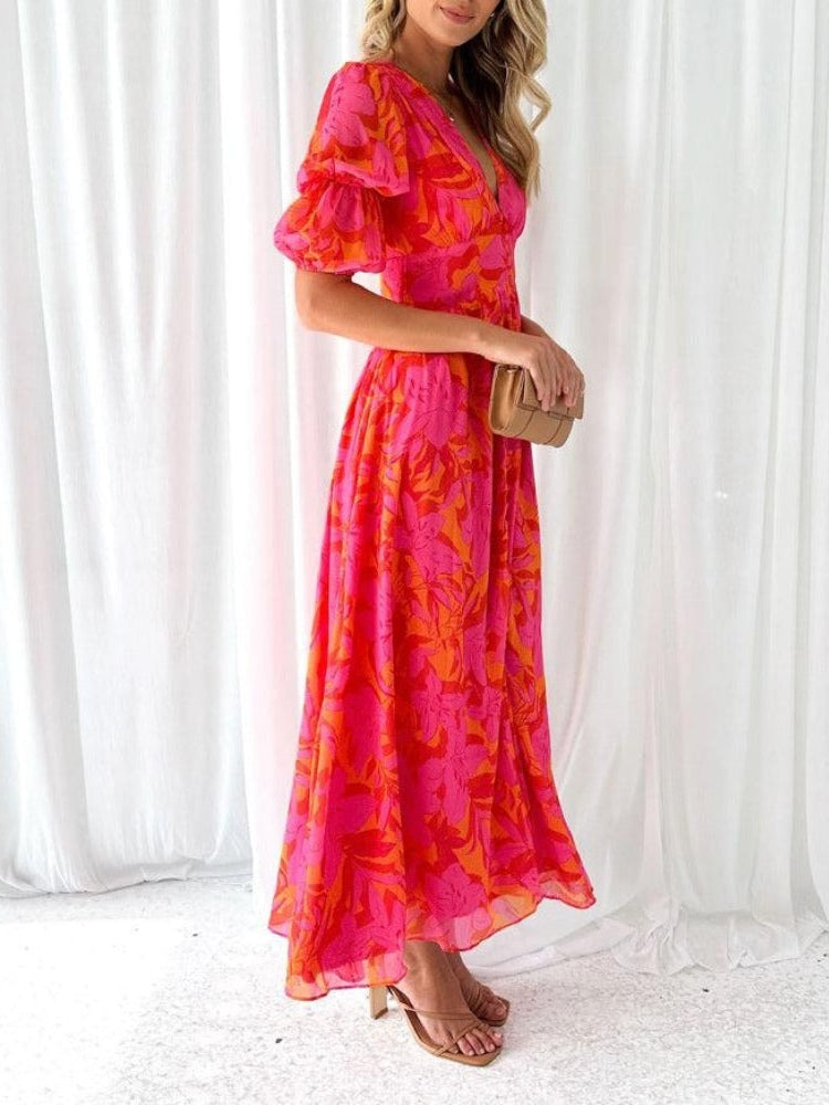 Robe midi fleurie élégante à col en V
