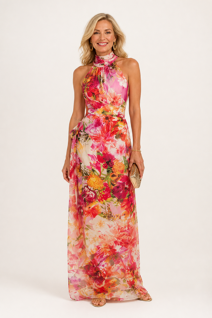 Robe Longue Fleurie Col Montant