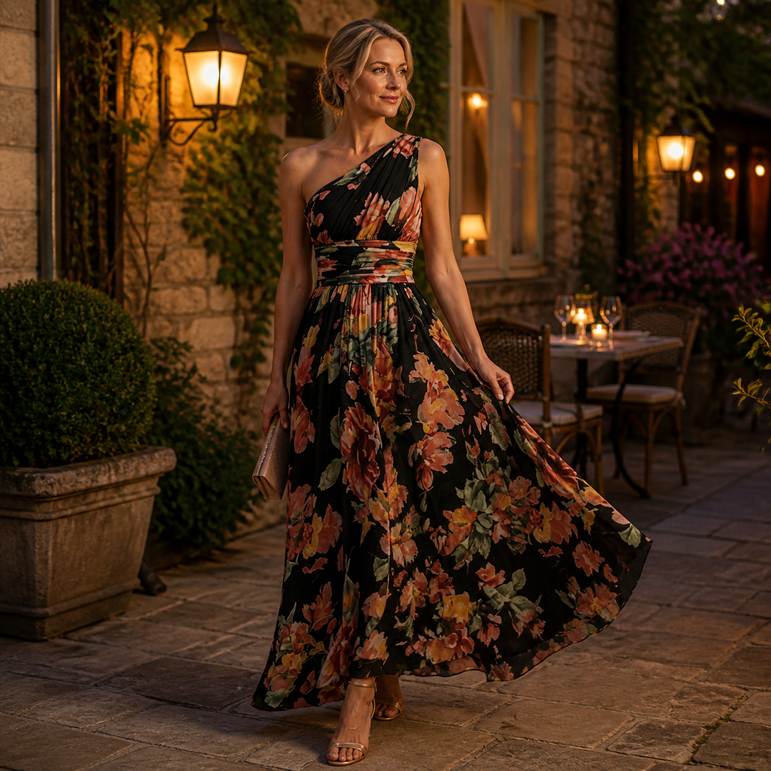 Robe Longue Fleurie Asymétrique Une Épaule