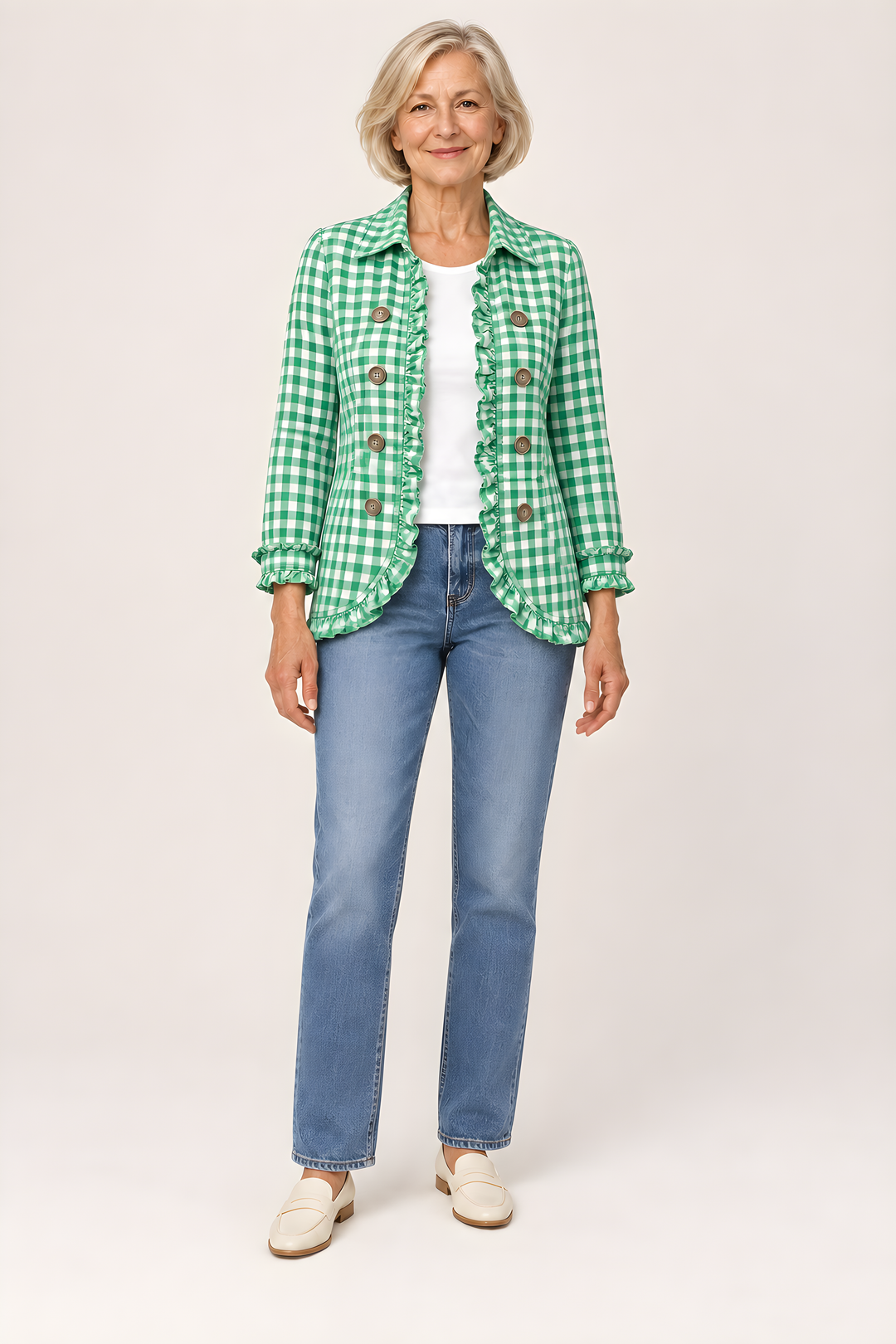 Veste Charlene Vichy à Volants Boutonnée en Vert, vue en pied, studio