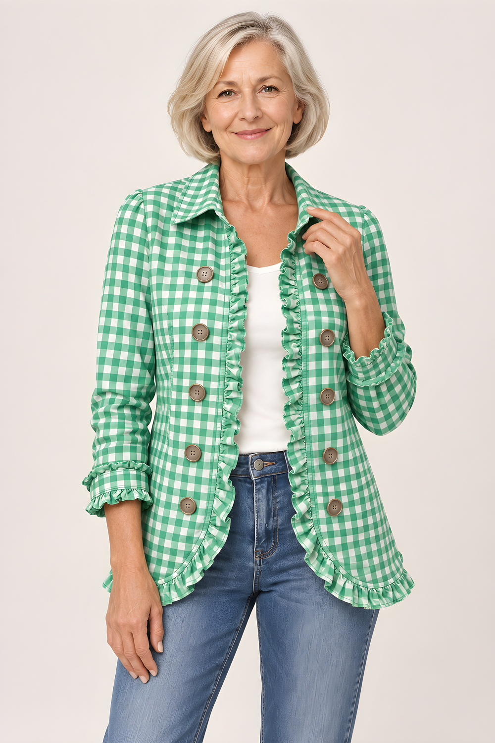 Veste Charlene Vichy à Volants Boutonnée en Vert, vue détaillée