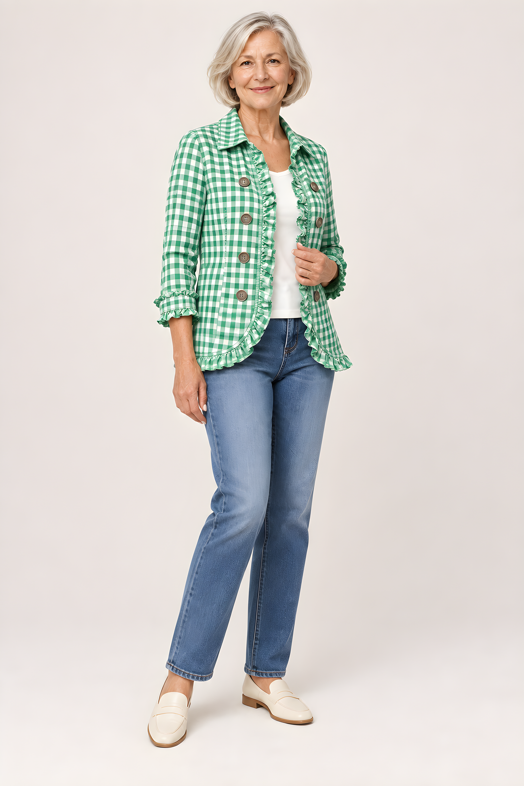 Veste Charlene Vichy à Volants Boutonnée en Vert, vue trois-quarts, studio