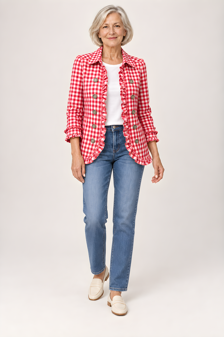Veste Charlene Vichy à Volants Boutonnée en Vert, vue en pied, studio