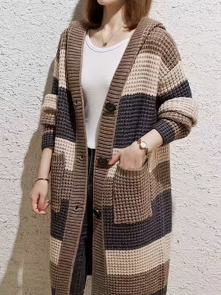 Cardigan mi-long à capuche en grosse maille