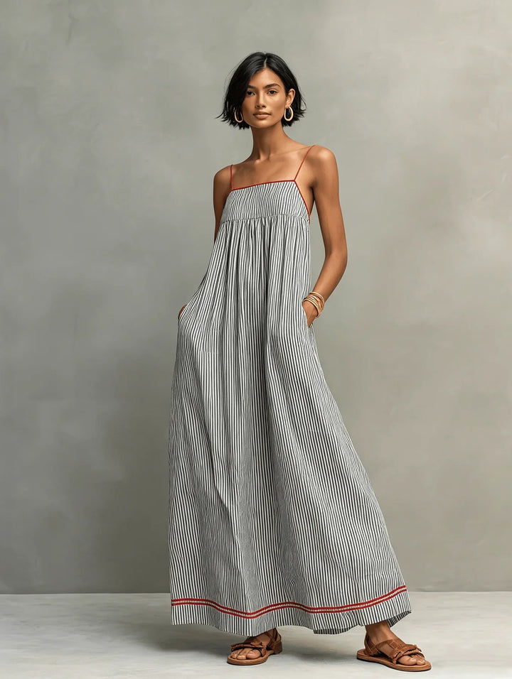 Robe Longue Rayée à Liserés Contrastés