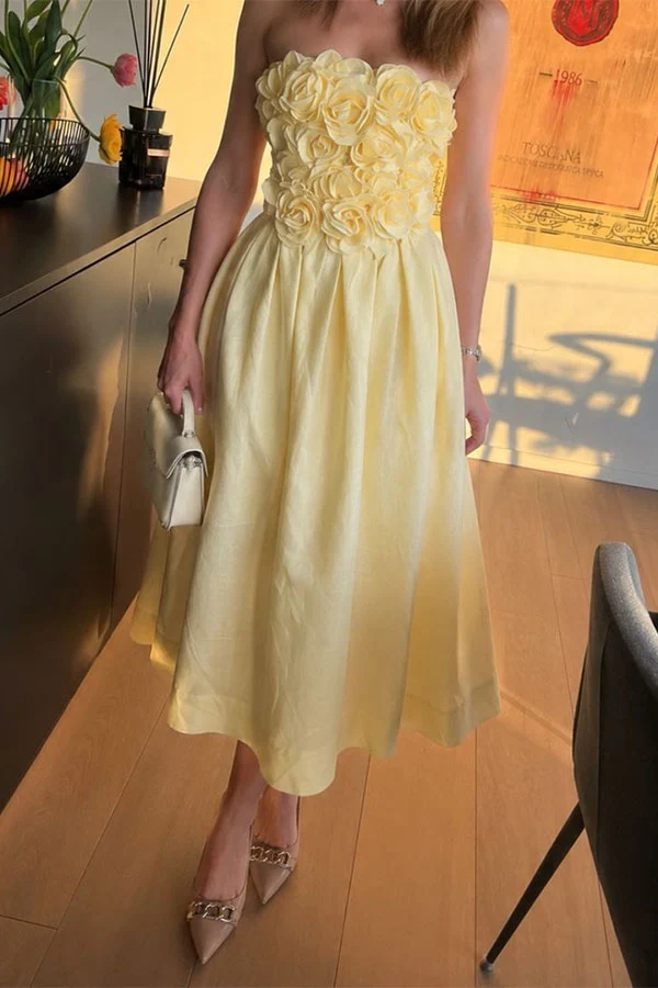 Robe Midi Bustier à Rosettes 3D
