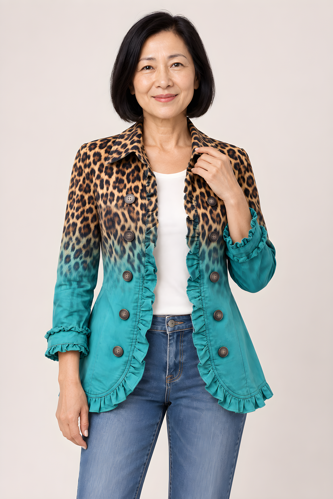 Veste Blazer Elspeth Léopard Dégradé à Volants en Turquoise, vue détaillée