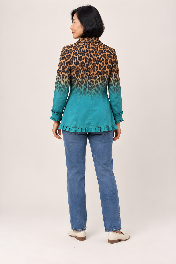 Veste Blazer Elspeth Léopard Dégradé à Volants en Turquoise, vue de dos