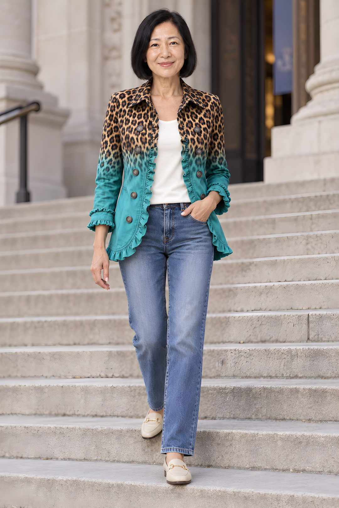 Veste Blazer Elspeth Léopard Dégradé à Volants en Turquoise, photo d&