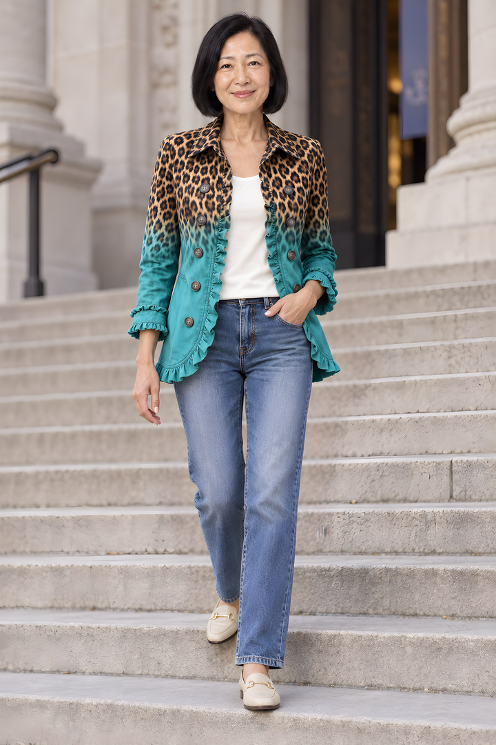 Veste Blazer Elspeth Léopard Dégradé à Volants en Turquoise, photo d&