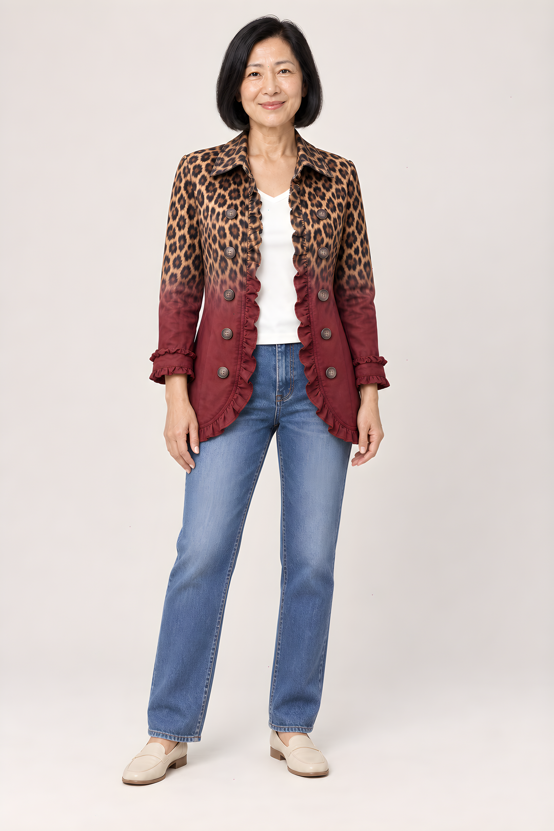 Veste Blazer Elspeth Léopard Dégradé à Volants en Turquoise, vue en pied, studio