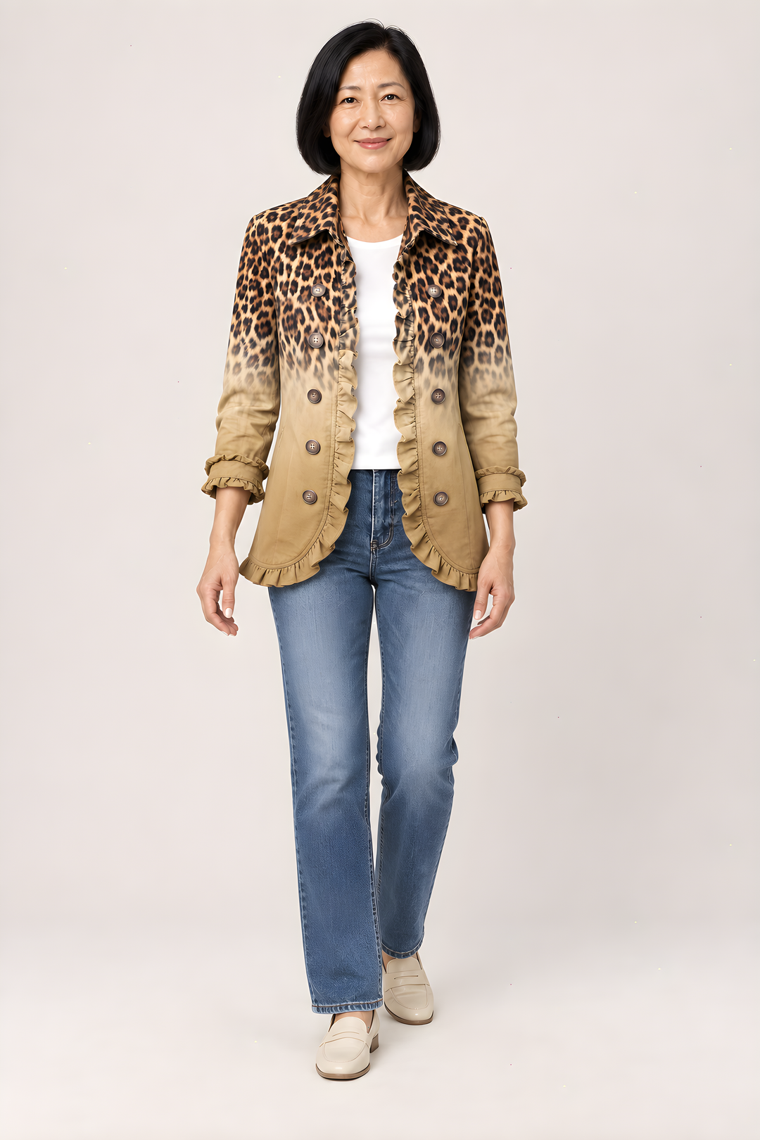 Veste Blazer Elspeth Léopard Dégradé à Volants en Turquoise, vue en pied, studio