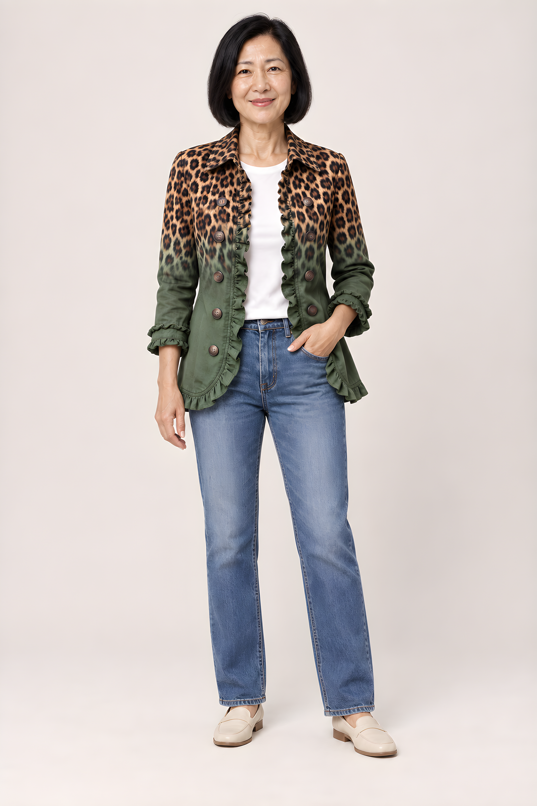 Veste Blazer Elspeth Léopard Dégradé à Volants en Turquoise, vue en pied, studio
