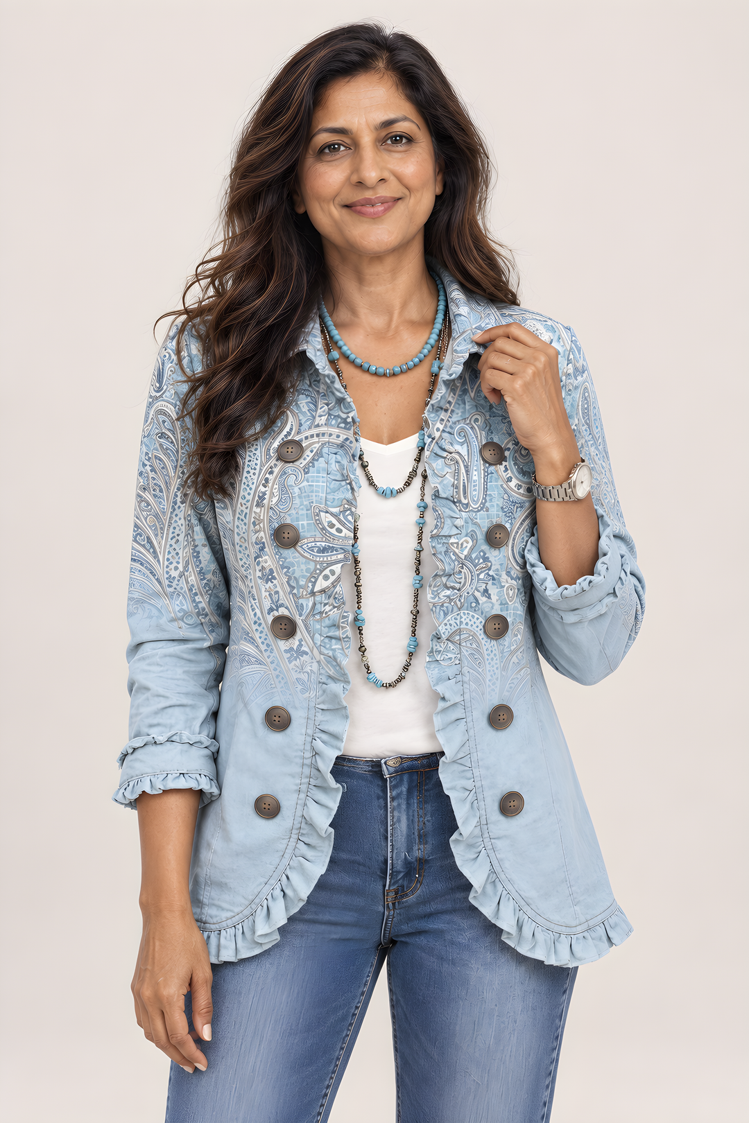 Veste Estrella Paisley Vintage à Volants en Bleu ciel, vue détaillée