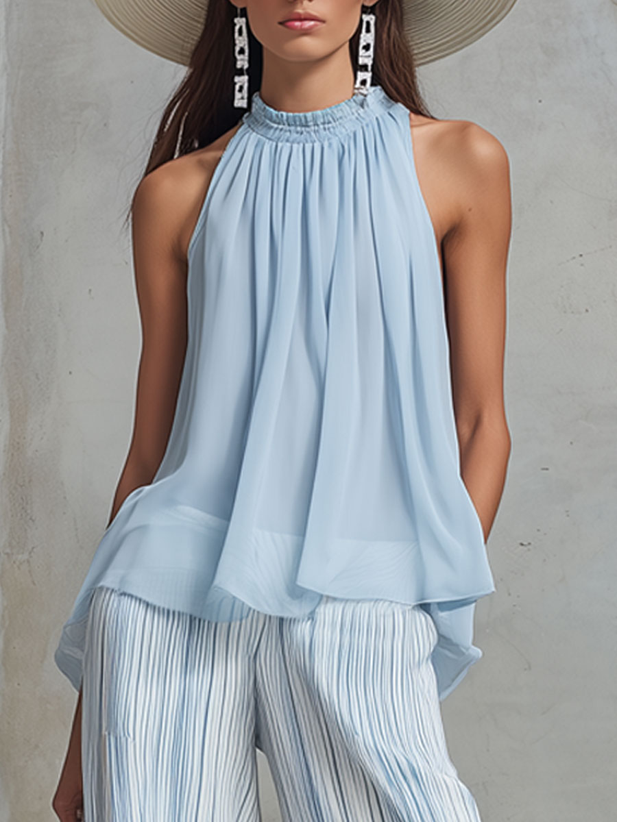 Ensemble Pantalon en Mousseline Bleu Côtier