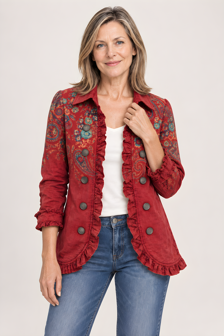 Veste Fayrene Bohème Paisley à Volants en Rouge, vue détaillée