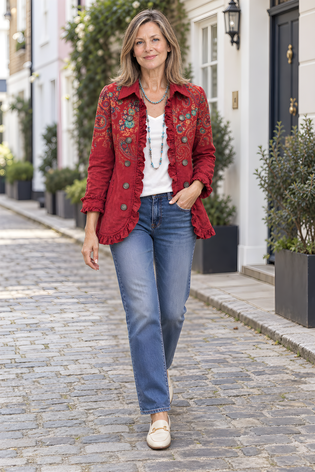Veste Fayrene Bohème Paisley à Volants en Rouge, photo d&