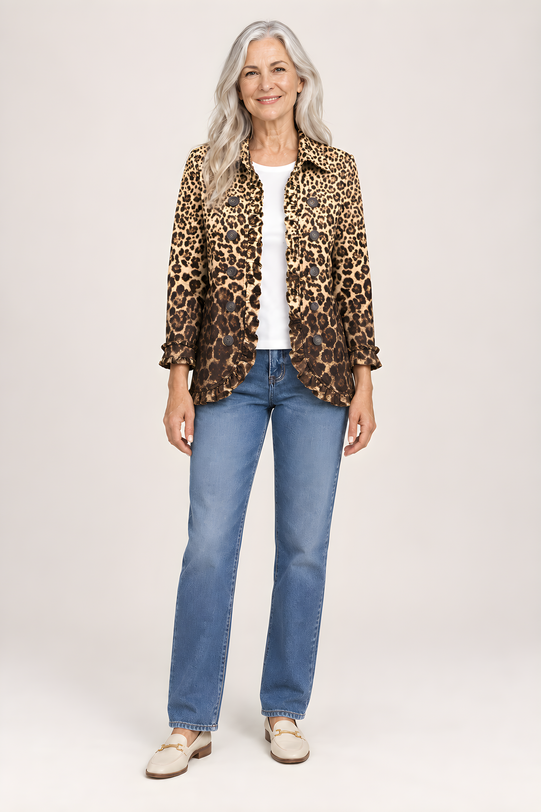 Veste Navara Imprimé Léopard à Volants en Multicolore, vue en pied, studio