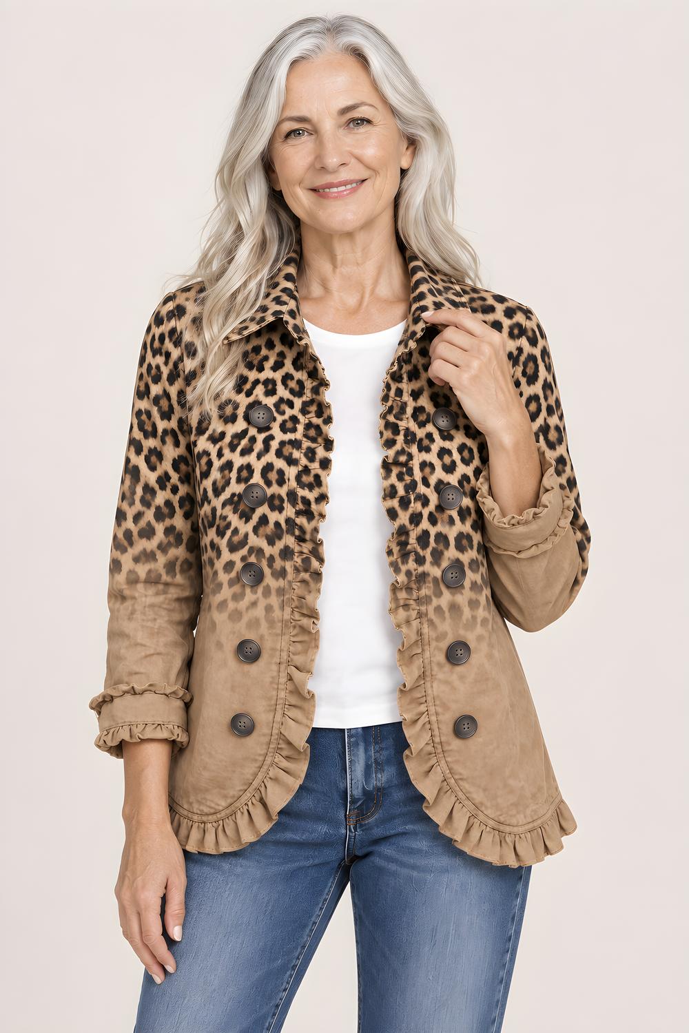 Veste Tawny Léopard Dégradé Vintage à Volants en Léopard tan, vue détaillée
